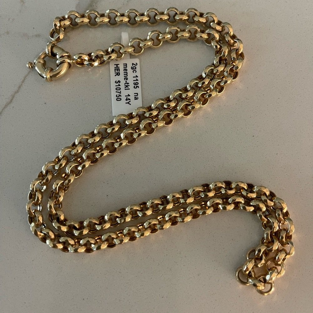 Unisex  14kt. Yellow Gold Rolo link Chain Necklace 23” long.